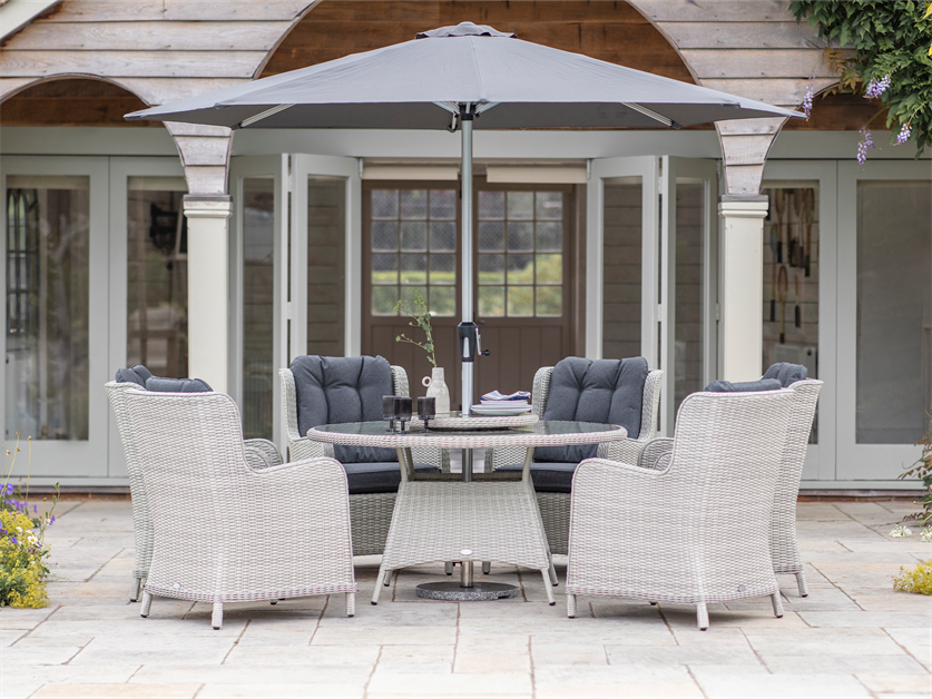 Chedworth Dove Grey Rattan 6 Seat Round Dining Set with Lazy Susan, Parasol & Base